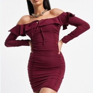 NWT NaaNaa Bardot Frill Long Sleeve Dress size 4 in Burgundy